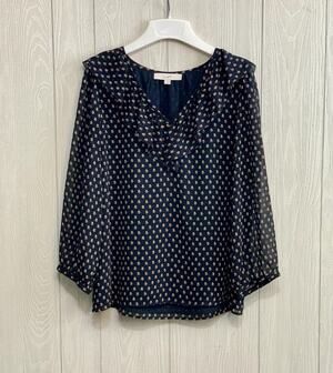 LOFT Floral Black V-Neck Ruffle Long Sleeve Top Medium